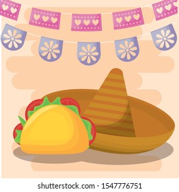 viva mexico celebration with taco food and hat traditional vector illustration design