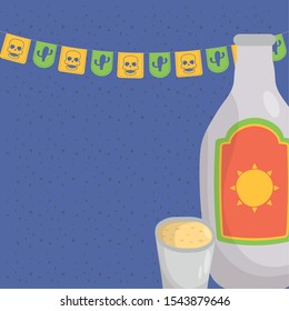 viva mexico celebration with tequila bottle vector illustration design