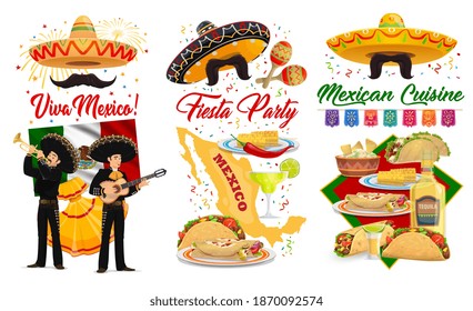 Viva Mexico und Cinco de Mayo Vektorbanner mit mexikanischen Feiertagsfiesta sombreros, Maracas und Gitarren. Mariachi, Flagge von Mexiko und Tequila, Tacos, Burritos und Guacamole, Grußkartendesign