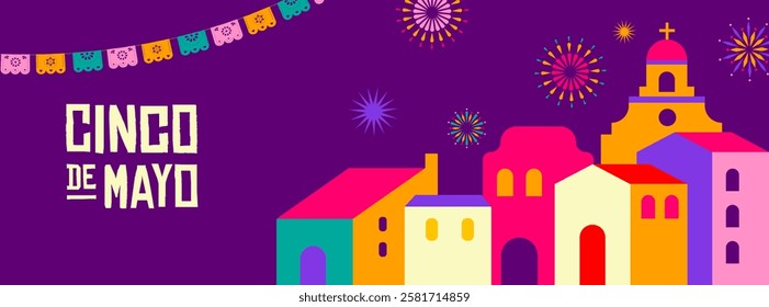 Viva Mexico, Cinco de Mayo design, illustration of Mexican street, village homes, fireworks, Cinco de Mayo celebration. Vector illustration