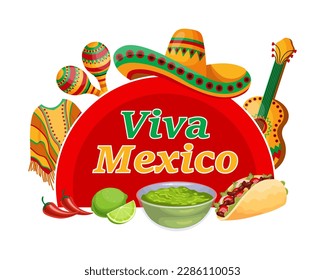 Viva Mexico colorful banner with symbols of Mexico, tacos, ponchos, guitar, sombrero and maracas. Illustration, poster, vector	