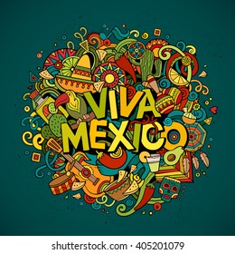 Viva Mexico colorful festive background. Cartoon vector hand drawn Doodle illustration. Multicolored bright detailed design with objects and symbols. All objects are separated