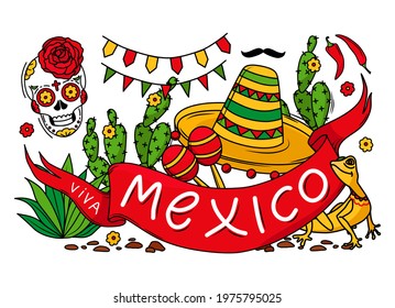 Viva Mexico colorful holiday banner with sombrero, skull, lizard, cactus, mustache and garland. Cartoon vector illustration. Objects are isolated.