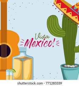 viva mexico colorful poster with guitar and cactus plant and tequila bottle