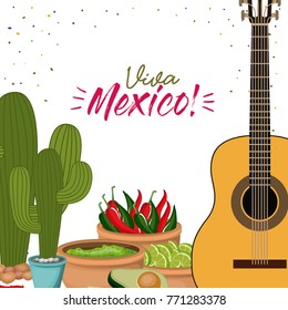 viva mexico colorful poster with guitar and cactus plant and mexican foods chili guacamole avocado