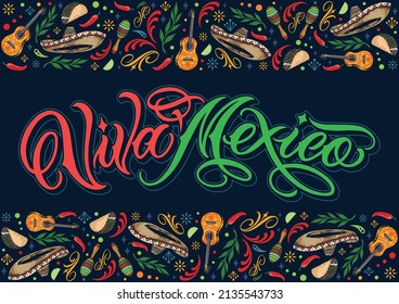 Viva Mexico colorful vintage banner with borders of sombreros, guitars, maracas, taco, swirl and twig elements, vector illustration