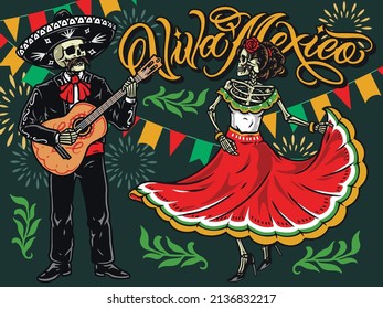 Viva Mexico colorful vintage banner with skeleton woman in long dress dancing, dead mariachi musician with mustache playing painted guitar on green background with twigs and flag garland, vector