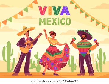 Viva Mexico concept. Poster with Latin American or Mexican musicians in sombreros and traditional costumes. Characters in national clothes play guitar and maracas. Cartoon flat vector illustration