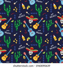 Viva Mexico concept seamless pattern design. Mexico, Mexican food, traditional Cinco de Mayo, Day of the dead, Halloween, Dia de los Muertos  print background