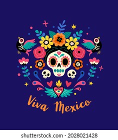 Viva Mexico concept. Vector flat cartoon illustration of sugar festive skull with wreath of flowers, birds and Mexican heart, isolated on dark blue background.