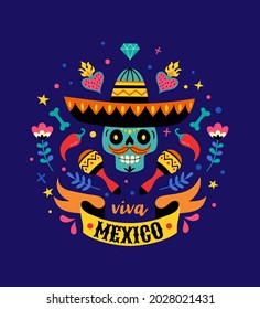 Viva Mexico concept. Vector flat cartoon illustration with sugar festive skull in sombrero, maracas, Mexican heart and ribbon with inscription, isolated on dark blue background.