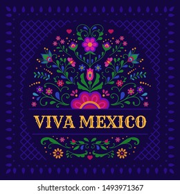 Viva Mexico, Day of the Dead, Cinco de Mayo. Festive Mexican banner with decorative floral design.