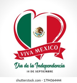 Viva Mexico, Día de la Independencia banner. Translation: Independence day 16 september celebration in United Mexican States. Flag in heart vector illustration love for Federal Republic of Mexico