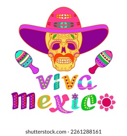 Viva Mexico, decorated logo, lettering. Mexican cartoon letters and symbols isolated on white. Banner, card, poster with traditional Mexican phrase, skull, sombrero, maracas. Vector illustration.