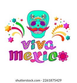 Viva Mexico, decorated logo, lettering. Mexican cartoon letters and symbols isolated on white. Banner, card, poster with traditional Mexican phrase, skull, pepper, star. Vector illustration.