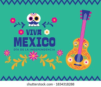 Viva mexico dia de la independencia with guitar and skull design, Culture theme Vector illustration