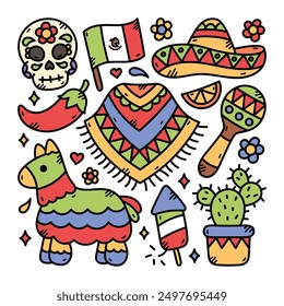 Viva Mexico Doodle Illustration, White isolated background