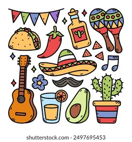 Viva Mexico Doodle Illustration, White isolated background