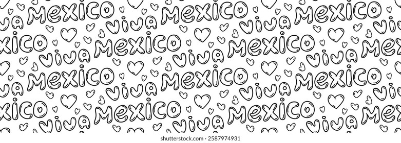 Viva Mexico doodle pattern. Cinco de mayo celebration background. Hand drawn lettering and flowers. For wallpaper or fabric. Hand drawn Vector outline illustration.