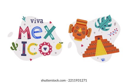 Viva Mexico. Famous traditional Mexican symbols set cartoon vector illustration