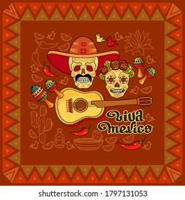 Viva Mexico festive banner for mexican holiday greeting. Cinco de Mayo party celebration. Cartoon Vector card with hand drawn lettering, skull; guitar, jalapeno; cactus, maracas, sombrero.