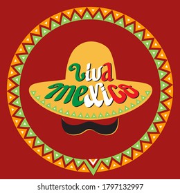 Viva Mexico festive banner for mexican holiday greeting. Cinco de Mayo party celebration. Cartoon Vector card with hand drawn lettering, sombrero and mustaches. Mexican National Holiday.