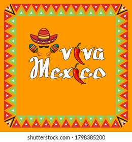 Viva Mexico festive banner for mexican holiday greeting. Cinco de Mayo party celebration. Cartoon Vector card with hand drawn lettering, sombrero and mustaches, maracas. Mexican National Holiday