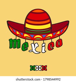 Viva Mexico festive banner for mexican holiday greeting. Cinco de Mayo party celebration. Cartoon Vector card with hand drawn sombrero and word Mexico. Mexican National Holiday.
