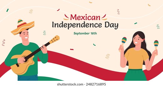 Viva Mexico! Festive Independence Day banner in flat style with a girl, a guy in a sombrero, and a national flag. Vector illustration shows a couple playing guitar and maracas.