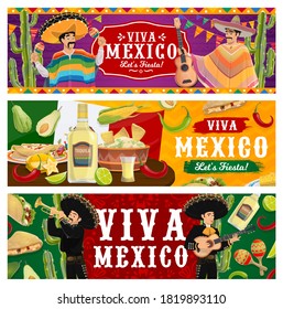 Viva Mexico, Fest-Party-Vektorbanner. Mariachi Musiker in Sombrero und poncho spielen Musik. mexikanische Jalapeno-Chilischoten, Guacamole mit Nachos, Tequila und Kalkmilch. Festival Cinco de Mayo