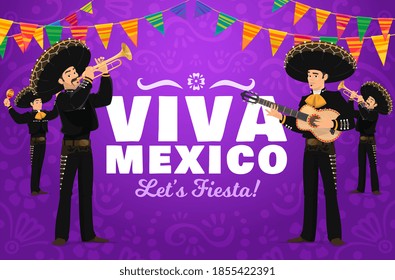 Viva Mexico fiesta vector design with mariachi cartoon characters. Carnival musicians in sombrero hats playing maracas, guitar and trumpets, festive party invitation with bunting garland flags