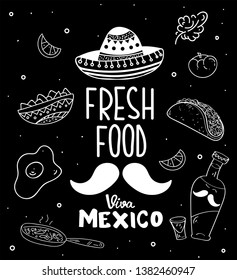 Viva Mexico Fresh Food hand lettering calligraphy with mexican sombrero,bottle tequila,maraca,guitar,nachos,eggs.Used for greeting card, poster design.Vector illustration. Pattern on background.