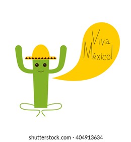 Viva Mexico greeting card with happy cactus character in yellow sombrero and lettering Viva Mexico isolated on white background