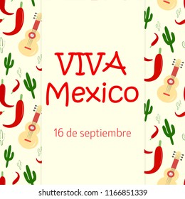 Viva Mexico greeting card. Seamless mexican pattern. guitar, cactus, pepper cili. Cinco De Mayo Mexicans celebration, floral, holiday, latin party