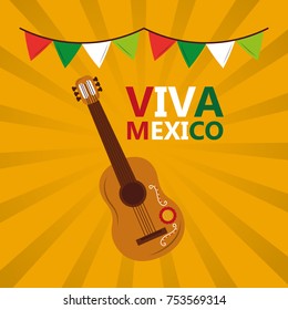 viva mexico guitar garland colors yellow background vector illustration