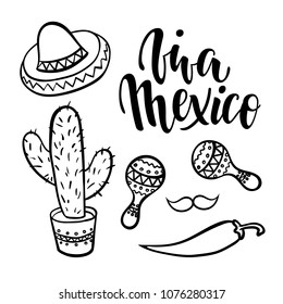 Viva Mexico. Hand drawn lettering phrase with doodle Mexican symbols isolated on background. Design element for poster, announcement, invitation, party, greeting card, fiesta, bar and restaurant menu