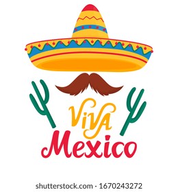 Viva Mexico hand drawn lettering. Banner with sombrero, cactus and mustache