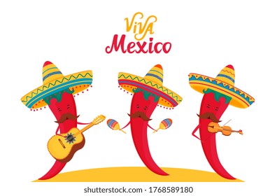 Viva Mexico hand drawn lettering. Independence day. Funny chili peppers in sombrero play musical instruments guitar, violin and maracas.