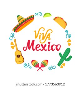 Viva México con letras dibujadas a mano. Marco con sombrero, maracas, cactus, tacos. Día de la Independencia