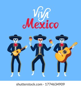 Viva Mexico hand drawn lettering. Cartoon dead mariachi play musical instruments. Sugar skull vector illustration. Independence Day