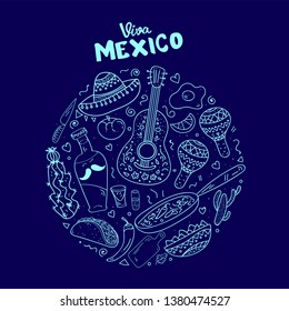 Viva Mexico hand lettering calligraphy with mexican sombrero,bottle tequila,maraca,guitar,nachos,eggs.Used for greeting card, poster design.Vector illustration.