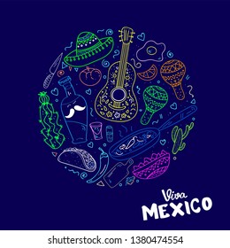 Viva Mexico hand lettering calligraphy with mexican sombrero,bottle tequila,maraca,guitar,nachos,eggs.Used for greeting card, poster design.Vector illustration.