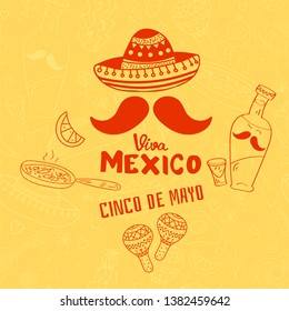 Viva Mexico hand lettering calligraphy with mexican sombrero,bottle tequila,maraca,guitar,nachos,eggs.Used for greeting card, poster design.Vector illustration. Pattern on background.