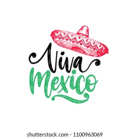 Viva Mexico, hand lettering. Vector calligraphy with illustration of sombrero. Used for greeting card, poster design. 