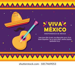 viva méxico, feliz Día de la Independencia, 16 de septiembre con diseño de ilustraciones vectoriales de sombrero y guitarra