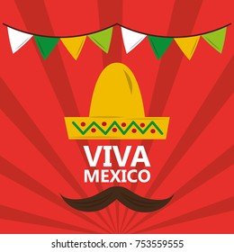 viva mexico hat mustache pennant red background vector illustration