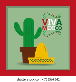 viva mexico hat and potted cactus card invitation vector illustration