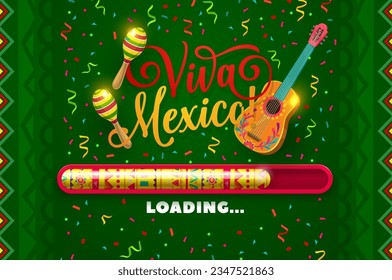 Viva Mexico holiday loading bar. Vector celebratory scale showcasing maracas, guitar, ethnic pattern and falling confetti representing festive event coming soon. Rich cultural traditions celebration