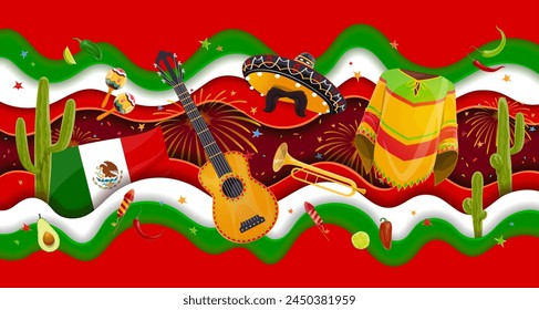 Viva México Anuncio de corte de papel de vacaciones con bandera nacional mexicana, sombrero e instrumentos musicales. marco ondulado de Vector en 3d con simbología tradicional latinoamericana, aguacate, guitarra, maracas, cactus