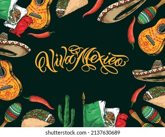 Viva Mexico horizontal vintage banner with classical sombrero, national flag, cactus, chili pepper, taco, maracas, guitar on black background, vector illustration